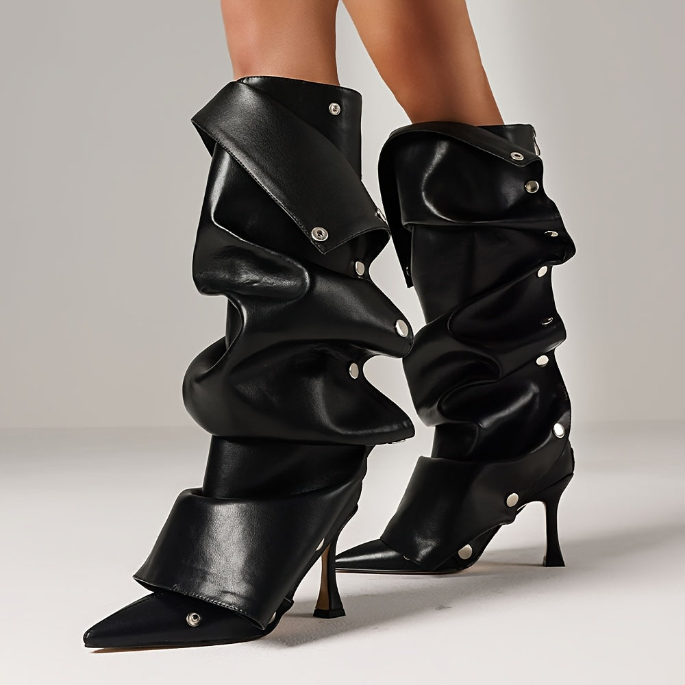 Women's Sexy Metallic Ruched Slouchy Knee-High Boots with Pointed Toe & Detachable Design - Stiletto Heel, Zipper, PU Cover & Rubber Sole for Dates, Casual Outings, High Heel Boots